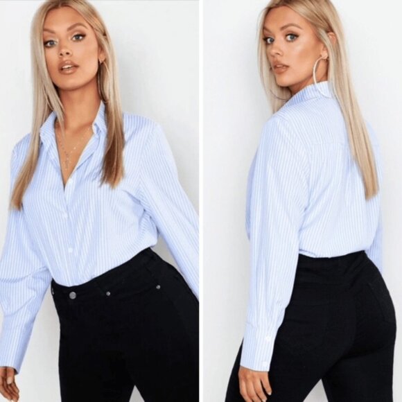 BOOHOO Oversized Boyfriend Button-Up in Blue/White Stripes (16/XL) - Picture 6 of 6